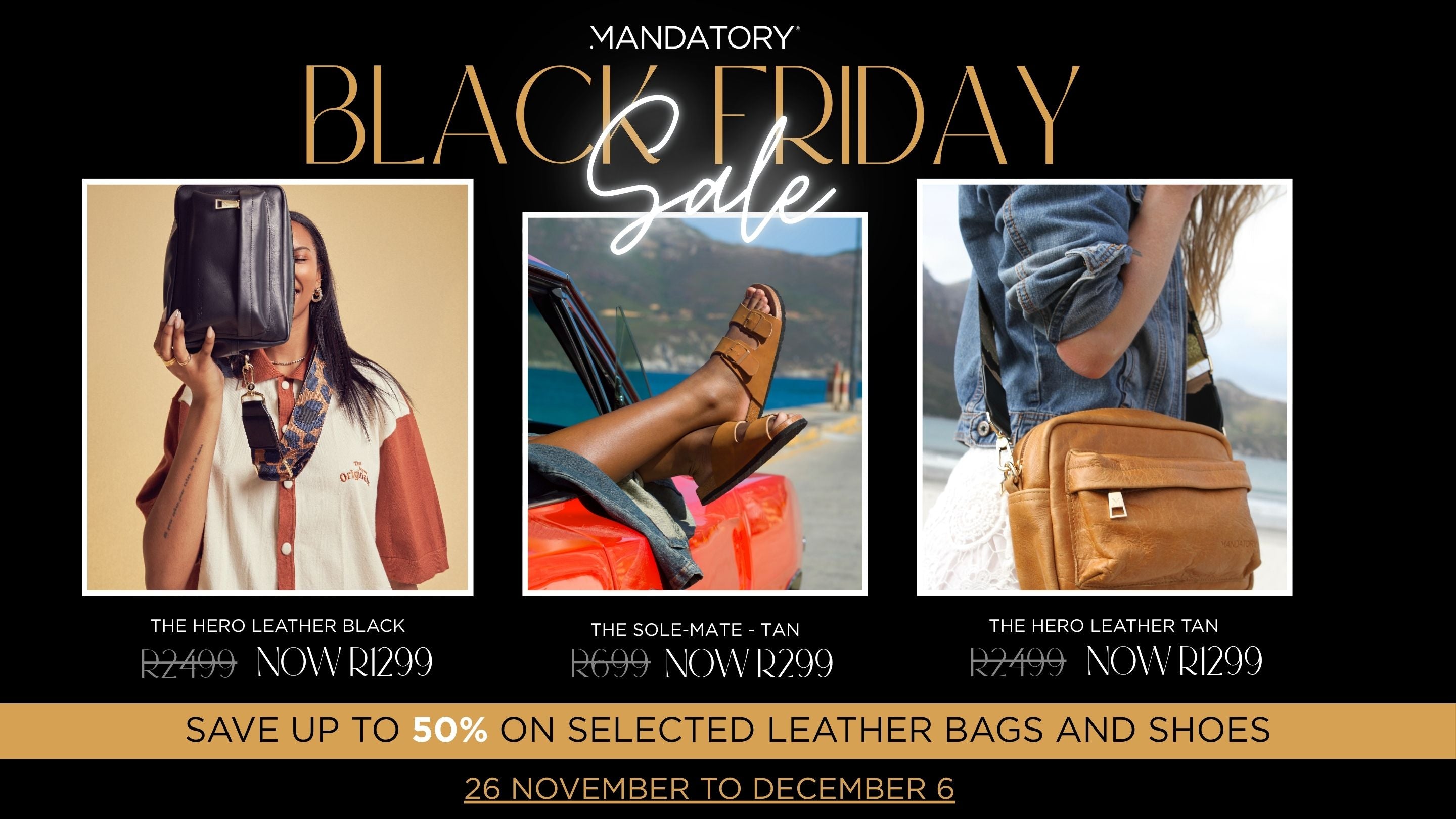 Black Friday sale advertisement for leather bags and shoes with promotional text.