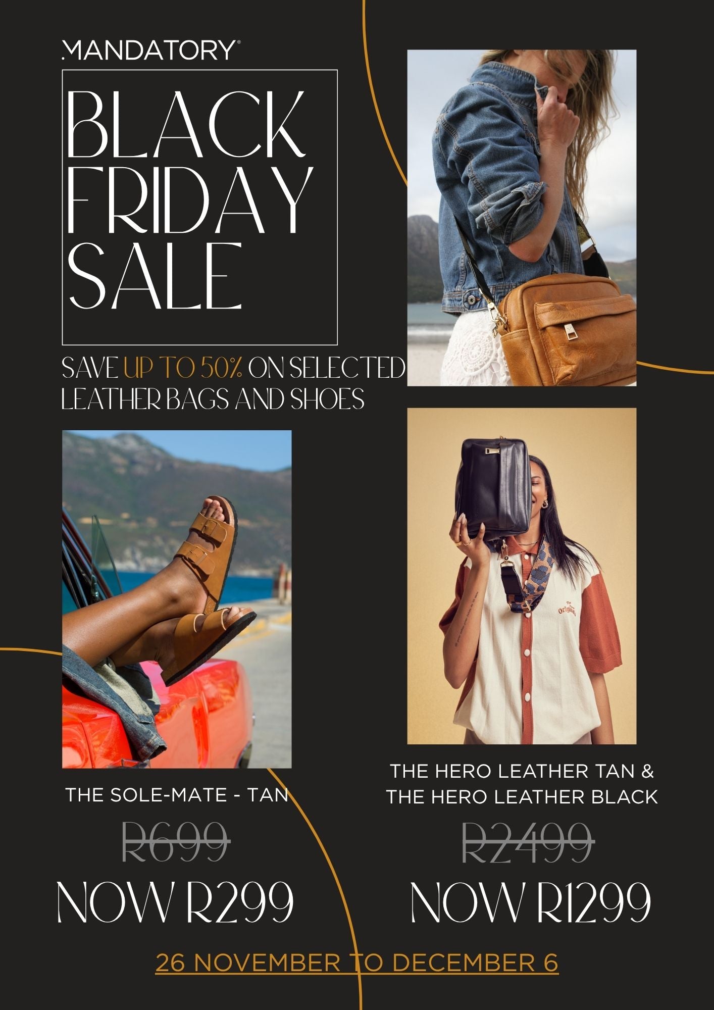 Black Friday sale advertisement for leather bags and shoes with pricing and product images.